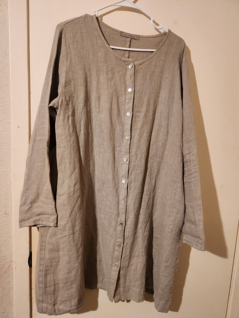 Cut Loose Button-Front Linen Tunic Dress Duster - Neutral Taupe Large